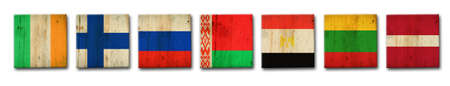 Set, Ireland, Sweden, Russia, Belarus, Egypt, Lithuania, and Latvia flags on a wooden block. isolated on white background. Signs and symbols Flagsの写真素材