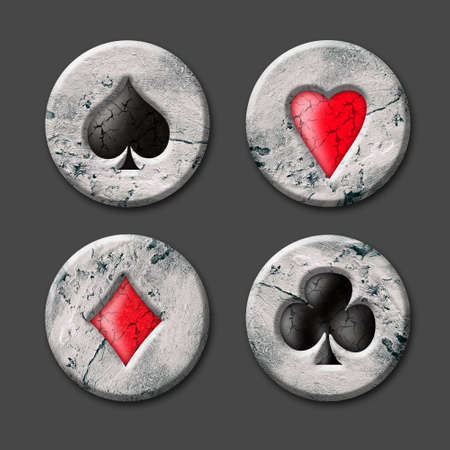 Spades, Hearts, Clubs, and Diamonds, card suit on a stone badge. Isolated on a gray background. Gambling concept. 3d illustration. design element. background.の写真素材