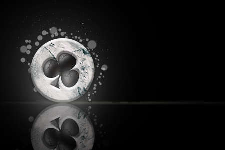 Clubs, vintage, grunge, stone poker chip, on a black background. Copy space. Reflection Poker Gamblingの写真素材