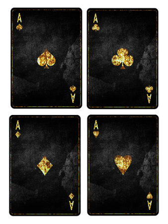 Set of playing grunge, vintage cards. Ace of Clubs, Diamond, Spades, and Hearts, isolated on white background. Playing cards. Design element.の写真素材