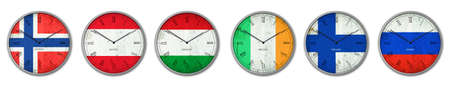 Set, Wall clock in the color of Norway, Austria, Hungary, Ireland, Finland, and Russia flags. Signs and symbols. isolated on a white background. design element. flags.の写真素材