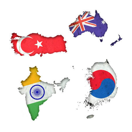 Set, Flags of Turkey, Australia, India, and Korea in the form of a map. Shadow. isolated on white background. Signs and symbols. design element. flags.の写真素材