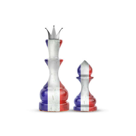 Chess Queen and pawn in the colors of the France Flag. isolated on white background. sport. politics. design object.の写真素材