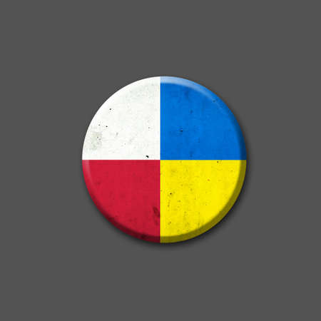 Poland and Ukraine flags, round icon. Isolated on a gray background. international political relations. political economic background. politics.の写真素材