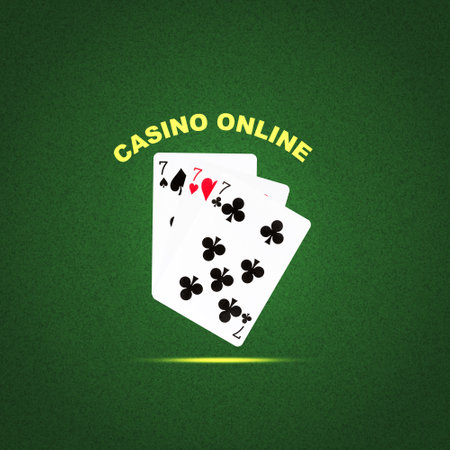 Concept Casino Online.Three sevens. Playing cards, on a green background. Shadow. poker. Gambling background.の写真素材