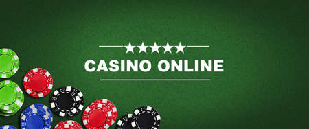 Concept, Casino Online. Poker chips on a green poker background. Vignette. Gamble banner. playing cards. background.の写真素材