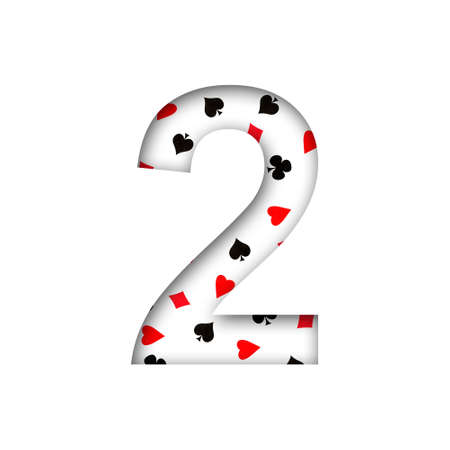 Digit, two, from various card suits. Shadow. isolated on a white background. decorative font. Gambling. design element.の写真素材