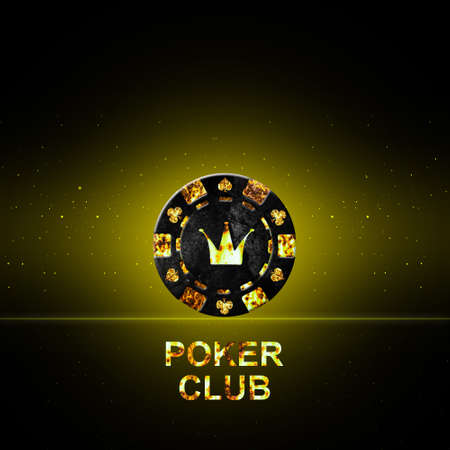 Background concept for the Poker Club. Vintage poker chip with a crown, on a black background. copyspace. Gambling. background.の写真素材