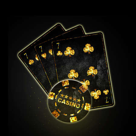 Concept Casino.Three sevens. Grunge, vintage playing cards, and poker chips on a black background. Glow. Casino. Gambling background.の写真素材