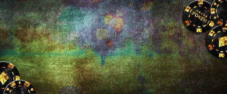 Vintage poker chips on a grunge, green poker background.Copy Space. Place for text. Vignette. Gamble banner. playing cards. background.の写真素材