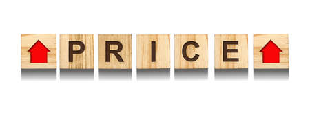 price. Word up arrows on wooden blocks. isolated on white background. Rise in price. design element. economy. business.の写真素材