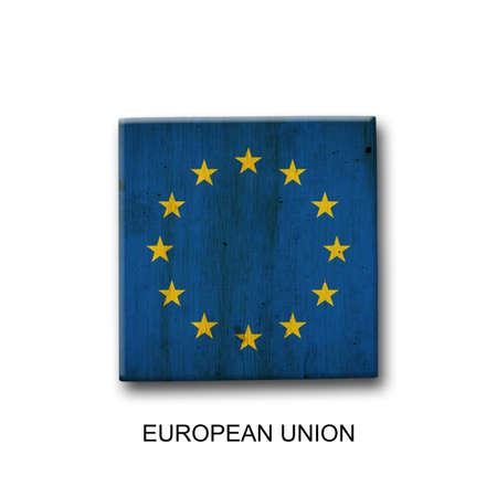 European Union flag on a wooden block. isolated on white background. Signs and symbols. flags.の写真素材