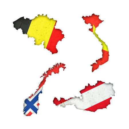 Set, Flags of Belgium, Vietnam, Norway, and Austria in the form of a map. Shadow. isolated on white background. Signs and symbols. design element. flags.の写真素材