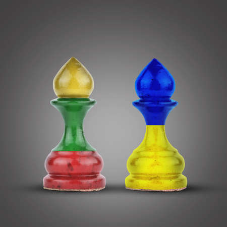 Pawns in the colors of the flag of Ukraine and Lithuania, on a gray background. Support, union, and interaction. sport. politics. business. strategy.の写真素材