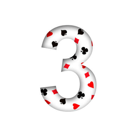 Digit, three, from various card suits. Shadow. isolated on a white background. decorative font. Gambling. design element.の写真素材