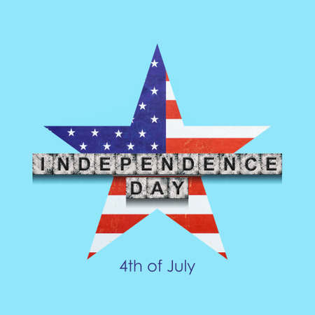 4th of July. independence day. Words on stone blocks, against the background of a star in the color of the American flag. Isolated on a blue background. holidays. backgrounds.の写真素材