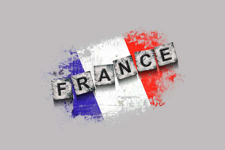 France, words on stone blocks, on grunge background of France flag. isolated on white background. design element. Signs and symbols.Countries.の写真素材