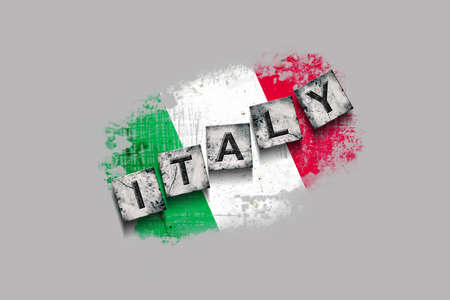 Italy, words on stone blocks, on grunge background of Italy flag. isolated on white background. design element. Signs and symbols.Countries.の写真素材