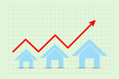 Rising property prices. Icons of houses, and a graph with an arrow up on a yellow background. copyspace. world crisis. business. economics.の写真素材