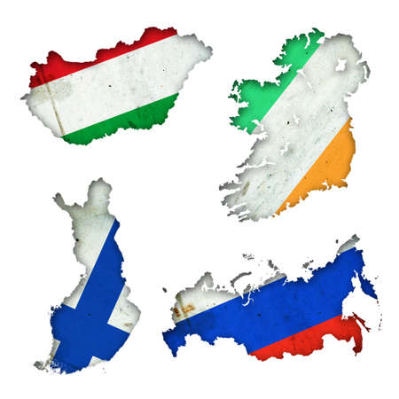 Set, Flags of Hungary, Ireland, Finland, and Russia in the form of a map. Shadow. isolated on white background. Signs and symbols. design element. flags.の写真素材