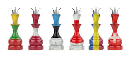 Chess queens in the colors of the flag of different countries. isolated on a white background. sport. politics. business.strategy.の写真素材