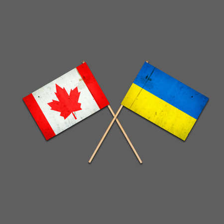 Flags of Canada and Ukraine, on wooden sticks. Isolated on a gray background. international political relations. commonwealth. support. political economic background.の写真素材