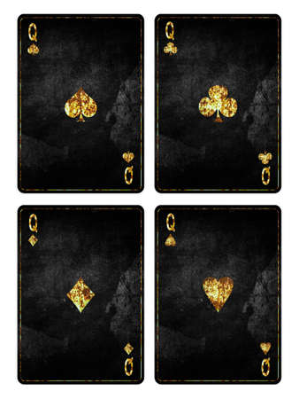 Set of playing grunge, vintage cards. Queen of Clubs, Diamond, Spades, and Hearts, isolated on white background. Playing cards. Design element.の写真素材