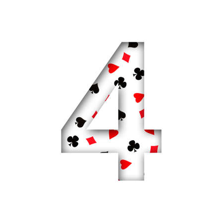 Digit, four, from various card suits. Shadow. Isolated on a white background. Decorative font. Gambling. Designの写真素材