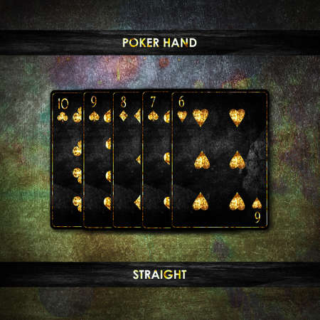 Straight, on a vintage, grunge, dark green poker background. Poker combinations. Poker Hands. Gamblingの写真素材