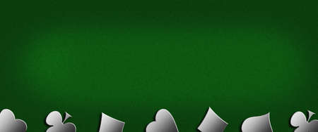 Different card suits, on a green background. Copy space. Place for text. Gambling concept. Gambling nbanner. 3D illustration.の写真素材