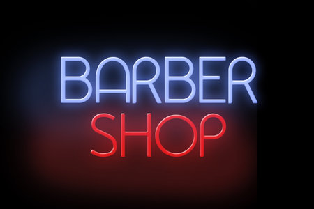 barber shop. Neon lettering isolated on a black background. beauty and fashion. design element. background.の写真素材