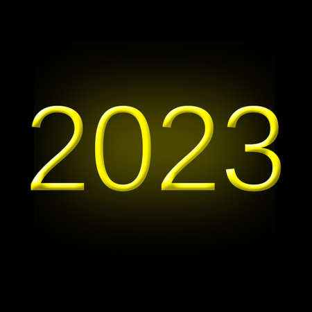 2023. Neon number isolated on black background. new year. holidays. design element. background.の写真素材