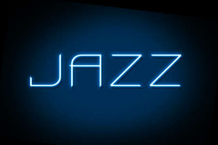 Jazz. Neon lettering isolated on a black background. music. Styles in music. cover. design element. background.の写真素材