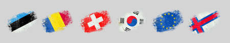 Grunge flags, Estonia. Romania. Switzerland.Korea, European Union, and Faroe Island. Isolated on gray background Signs and symbols Flagsの写真素材