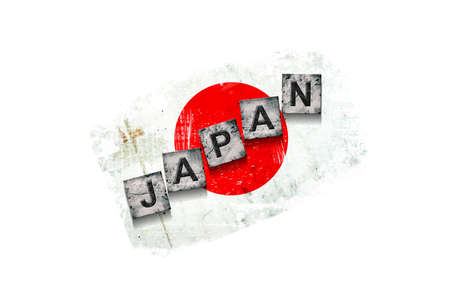Japan, words on stone blocks, on grunge background of Japan flag. isolated on white background. design element. Signs and symbols.Countries.の写真素材