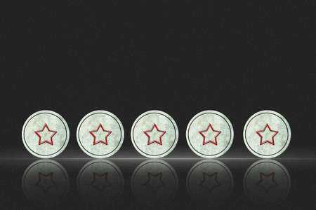 Five stars, social icons on round stones. on a black background. copyspace. reflection. evaluation concept. business. lifestyle. background.の写真素材