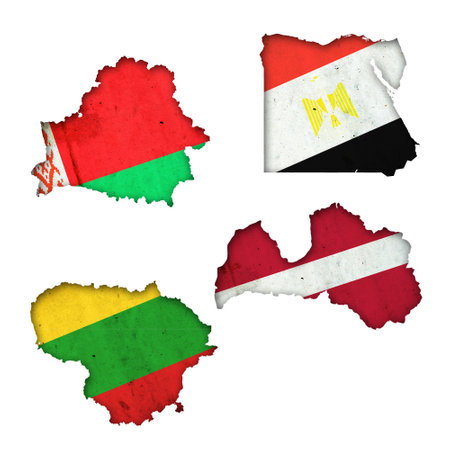Set, Flags of Belarus, Egypt, Lithuania, and Latvia in the form of a map. Shadow. isolated on white background. Signs and symbols. design element. flags.の写真素材