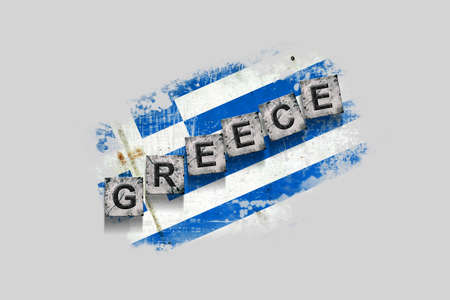 Greece, words on stone blocks, on grunge background of Greece flag. isolated on white background. design element. Signs and symbols.Countries.の写真素材