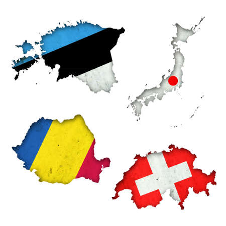 Set, Flags of Estonia, Japan, Romania, and Switzerland in the form of a map. Shadow. isolated on white background. Signs and symbols. design element. flags.の写真素材
