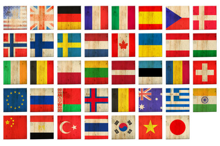 Set, flags of different countries on wooden blocks. isolated on white background. Signs and symbols. Flagsの写真素材