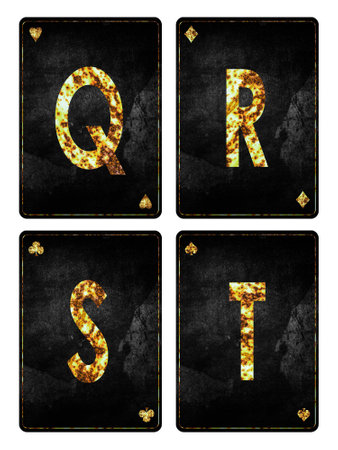 Set of letters Q, R, S, T. Alphabet on vintage playing cards. isolated on white background. design element.の写真素材