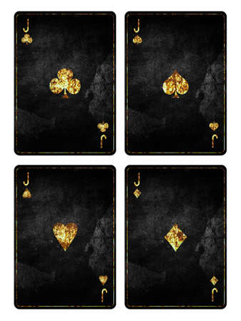 Set of playing grunge, vintage cards. Jack of Clubs, Diamond, Spades, and Hearts, isolated on white background. playing cards. design element. Gambling.の写真素材