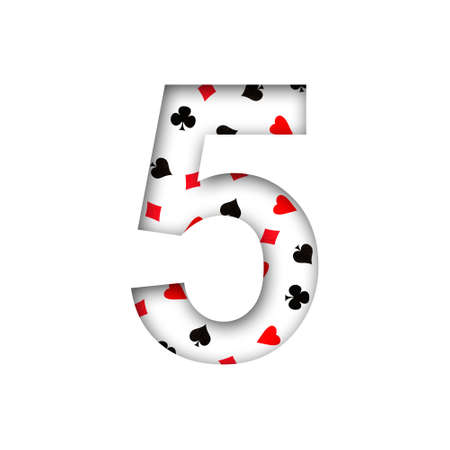 Digit, five, from various card suits. Shadow. isolated on a white background. decorative font. Gambling. design element.の写真素材