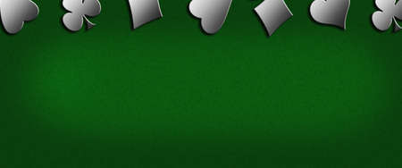 Different card suits, on a green background. copyspace. Place for text. Gambling concept. Gambling banner. 3D illustration. background.の写真素材