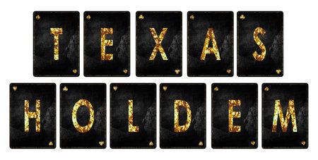 Texas Holdem, word, from alphabet on vintage playing cards, isolated on a white background. casino. design element. Gambling background.の写真素材