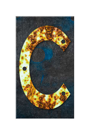 Letter C. Alphabet from letters, from rusty iron, on a wooden plank. isolated on white background. education. design element.の写真素材