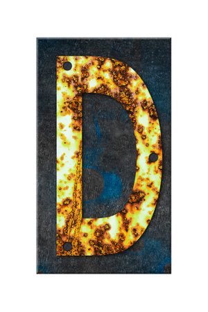 Letter D. Alphabet from letters, from rusty iron, on a wooden plank. isolated on white background. Education. design element.の写真素材