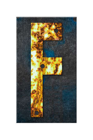Letter F. Alphabet from letters, from rusty iron, on a wooden plank. isolated on white background. education. design element.の写真素材