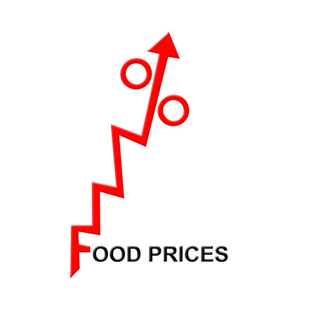 Concept of rising prices for products.Food prices. growth chart. Red arrow with percent up. isolated on white background. lifestyle. business. background.の写真素材