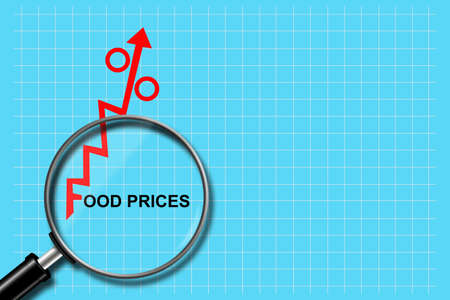 Concept of rising prices for products.Food prices. growth chart. Red arrow with percent up. Magnifying glass. Blue background. copyspace. lifestyle. business. background.の写真素材